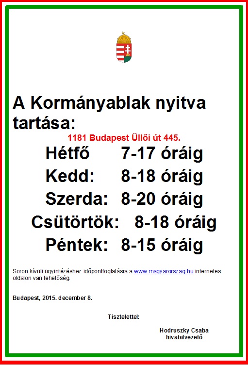 Kormanyablak nyitvatartasa