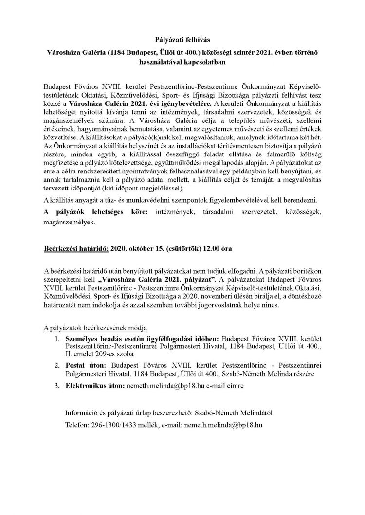 Bp18 honlapra Városháza Galéria 2021 pályázat kiírása Oldal 1
