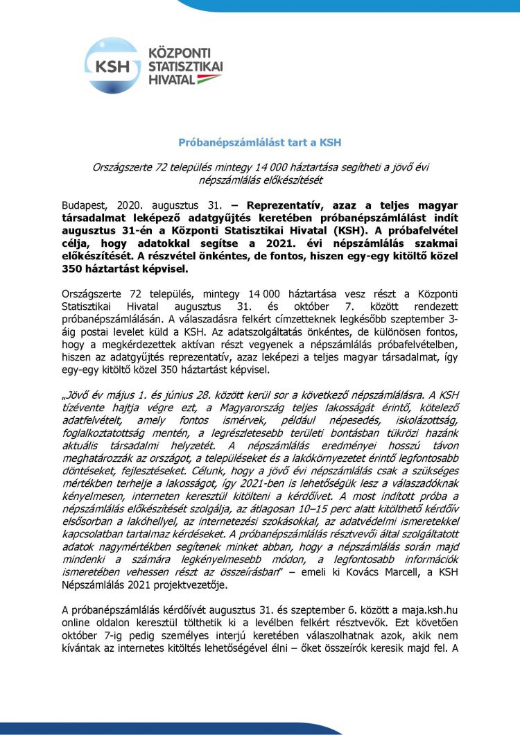 KSH Probanepszamlalas sajtokozlemeny végleges Oldal 1