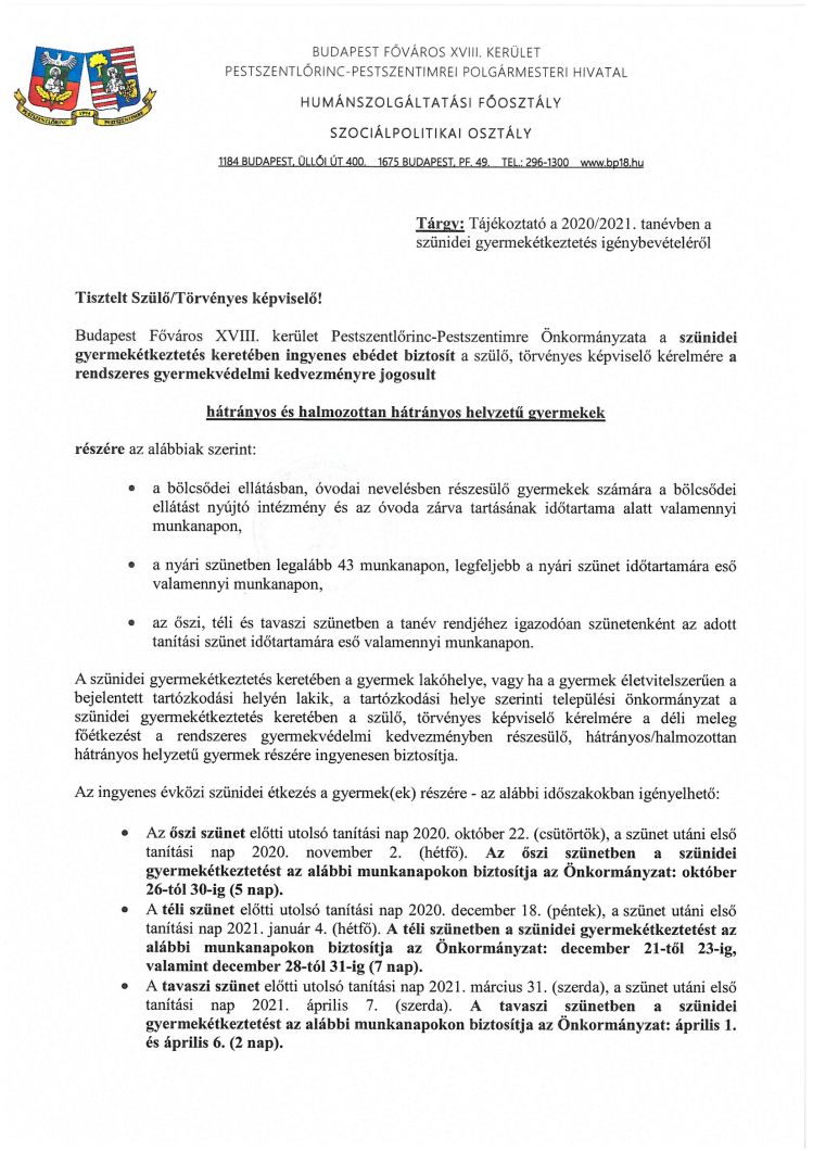TÁJÉKOZTATÓ H HH SZÜNIDEI ÉTK 2020 09 Oldal 1