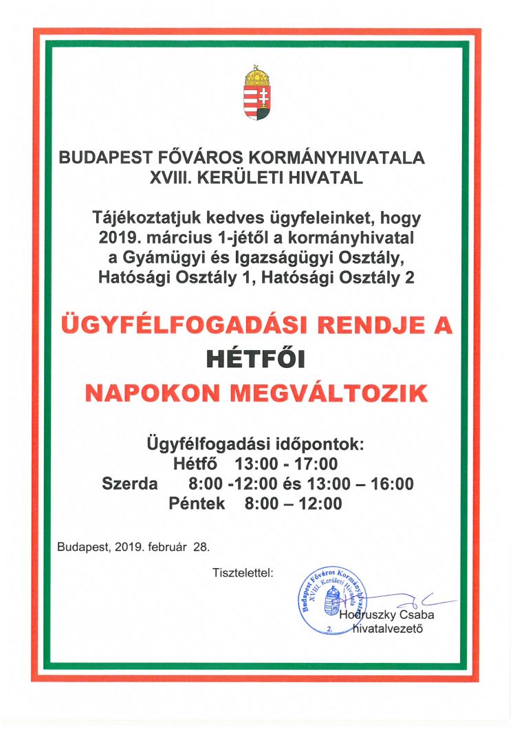 ügyfélfogadás hirdetmény 20190228