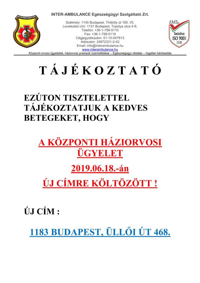 Tájékoztató új címre költözött az ügyelet