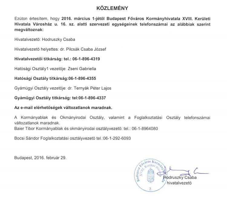 Kozerdeku lakossagi tajekoztato BFKH XVIII.KH telefonszam valtozas